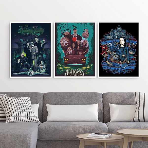 Addams Poster Classic Family Family Horror Movie Art Partters Fotografías Pintura de lona para Cafet House Bar Living Home Decor