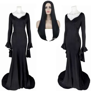 Addams woensdag morticia addams cosplay kostuum Halloween sexy jurk pruik volwassen vrouwen punk gotische heks veter slanke jurkjurk