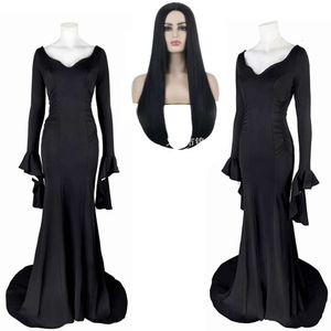 Addams woensdag morticia cosplay kostuum Halloween sexy jurk pruik volwassen vrouwen punk gotische heks veter slanke jurk