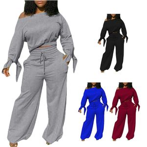 Sexy Women Tracksuits One Shoulder Long Sleeve Crop Top High Waist Wide Leg Pants Tracksuit Bandage Sporty Two Piece Set