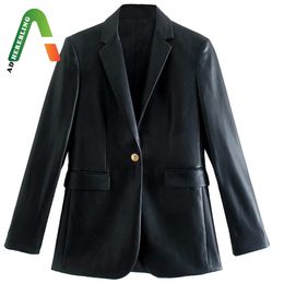 Adherebling Traf mujeres Faux PU chaqueta de cuero Metal solo botón Vintage manga larga Blazers bolsillos mujer negro traje abrigo 220818