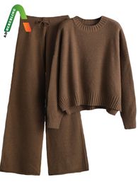 Mujer adherente TRAF casual femenina de otoño invierno cuello suéteres sueltos pantalones de tobillo de punto 2 piezas conjuntos marrones 220817