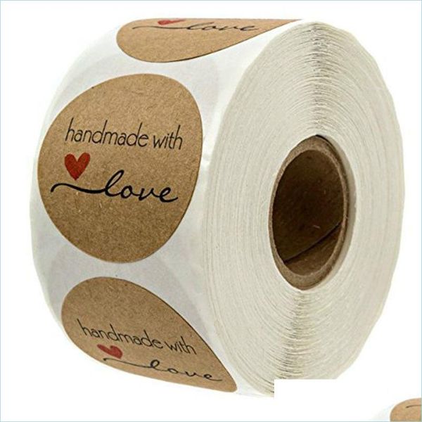 Autocollants Adhésifs 500Pcs Étiquettes Rondes À La Main Kraft Papier Emballage Autocollant Pour Bonbons Dragée Sac Boîte Cadeau Emballage Mariage Merci Sti Dhw1L