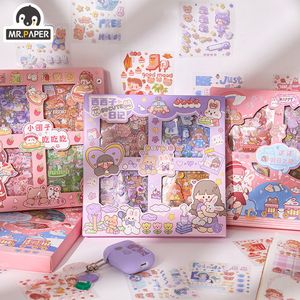 Autocollants adhésifs Mr. Paper 100pcs / Box Personnages de dessins animés Autocollants mignons pour enfants Kawaii Coréen Papeterie PET Autocollants étanches Art Supplies 230715