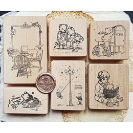 Zelfklevende stickers Pooh Bear houten stempel 6 soorten Scrapbooking Vintage Kawaii postzegels 230907