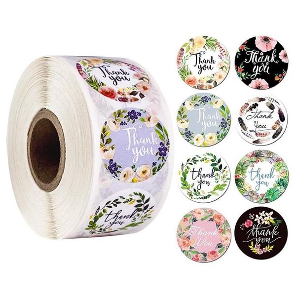 Autocollants Adhésifs En Gros 500 Pcs / Rouleau Rond Floral Merci Scrapbooking Pour Paquet Étiquettes De Joint Autocollant Personnalisé Décoration Drop Del Dhojf