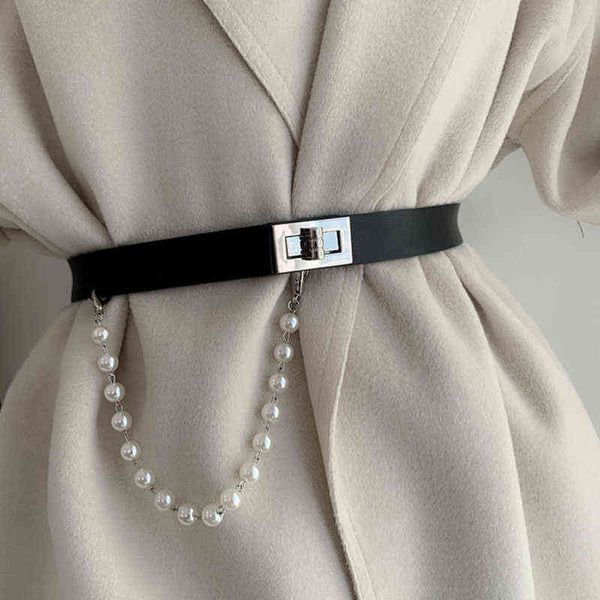 Réglage des ceintures pour les femmes Tassel Pearl Waybands Argent Cross Boucle Ceinture de haute qualité Solide Faux cuir Cummerbunds manteau robe G220301