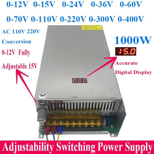 Alimentation de commutation de 1000W réglable DC 0-12 Volt 24V 36V 48V 60V 70V 110V 220V 300V 400V Tension d'affichage numérique