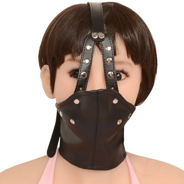 Masque de sexe en cuir PU noir réglable avec boule bouche bâillon yeux ouverts fétiche bondage capuche contraintes couvre-chef unisexe produits de sexe 17901