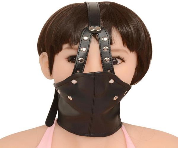 Masque de sexe en cuir PU noir réglable avec boule bouche gag yeux ouverts fétiche bondage capuche contraintes couvre-chef unisexe produits de sexe 1794685544