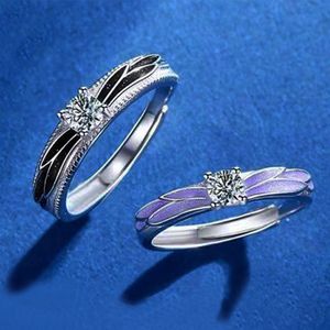 Pareja ajustable Anillos Cobre Plateado Platino Púrpura Negro Aceite Goteo Esmalte Alas de ángel Hombres Mujeres Superposición Apertura Compromiso Dedo Joyería Amante Regalo