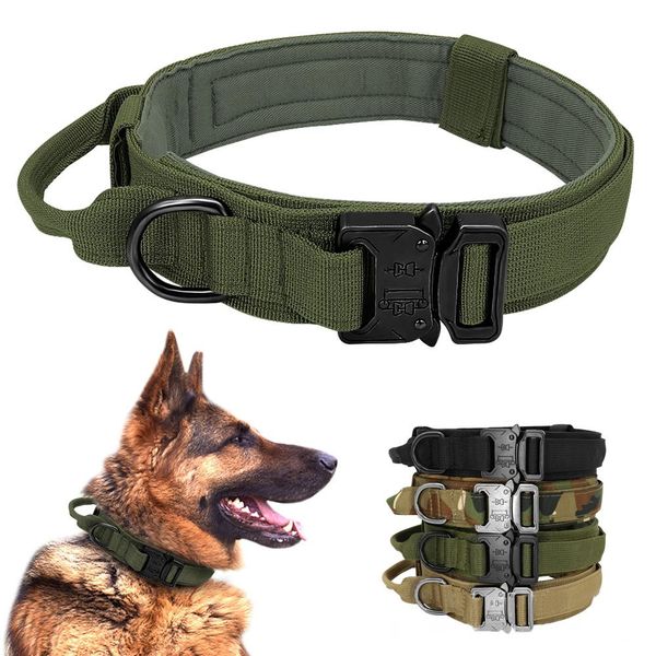 Collar de perro ajustable con correa Collar de cuello de perro de entrenamiento militar táctico con hebilla de metal pesado y mango de control para perros medianos y grandes