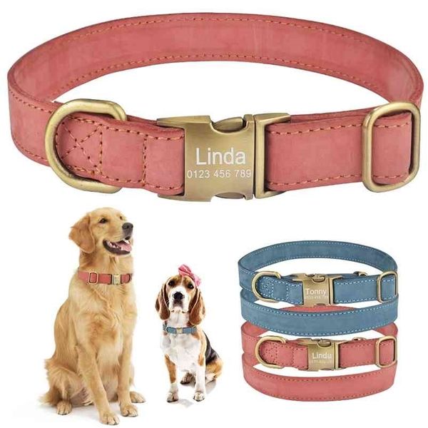 Collar de perro personalizado de cuero ajustable grande duradero grabado nombre etiqueta perro ID Collar S M L collares de perro capa acolchada niño niña 210729