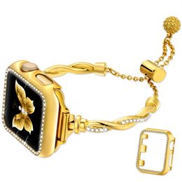 Verstelbare metalen diamanten armband en horlogekast voor Apple Watch 9 Ultra 8 7 3-serie Luxe damespolsbandjes Iwatch-banden 49 mm 42 mm 40 mm 38 mm slimme accessoires