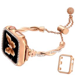 Verstelbare metalen diamanten armband en horlogekast voor Apple Watch 49 mm 42 mm 40 mm 38 mm Luxe damespolsbandjes Iwatch Bands 9 Ultra 8 7 3 Horlogebandaccessoires