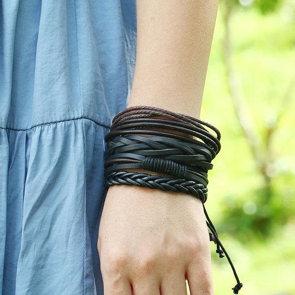 Bracelet en cuir tressé multicouche réglable pour femmes et hommes, ensemble de bracelets empilables, bijoux à la mode, volonté et sable