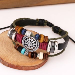 Pulseras ajustables de cuentas de múltiples capas, pulsera de cuero con flores huecas, joyería de moda para hombres y mujeres, regalo de voluntad y arena