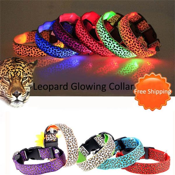 Ajustable Pet Cat Dog Glow LED Flashing Safety Collar Light Up Luminoso LED Nylon Correa de cuello Leopardo Collares de perro / Lot LJ201109