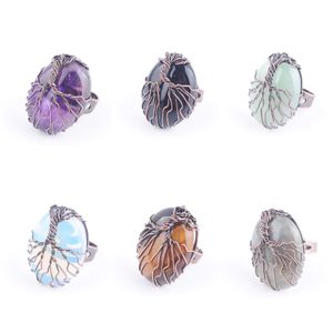 Verstelbare ring vrouwen man vingers sieraden natuursteen ovale vorm vintage koperen draad gewikkeld boom van leven antieke ringen bx306