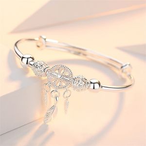 Verstelbare Zilveren Kleur Dreamcatcher Kwastje Veer Ronde Kraal Bedelarmband Voor Vrouwen Elegante Sieraden Sl209 220726