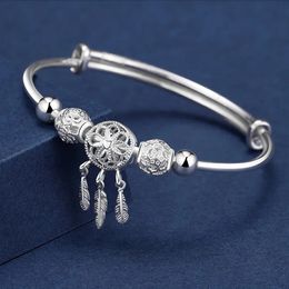 Verstelbare maat 925 Sterling Silver Bangle Cuff Dreamcatcher Tassel Feather Round Bead Charmel Bracelet Sieraden voor vrouwen Wedding 240418