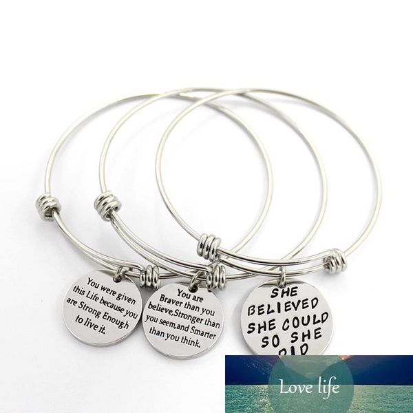 Pulseras ajustables de acero inoxidable para mujer Palabras inspiradoras Pulsera con dije de tarjeta de metal 