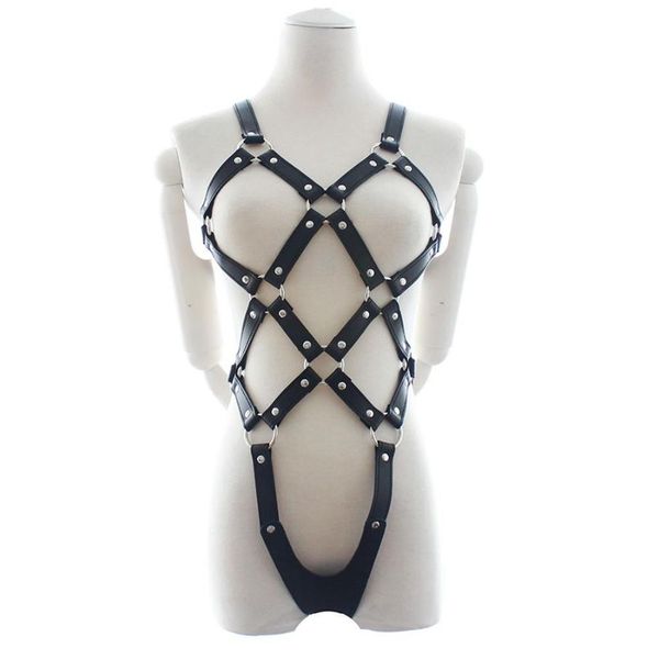 Arnés de cuerpo completo ajustable para mujer, Catsuit Sexy de cuero con entrepierna abierta, fetiche sexual, ataduras de Bondage, lencería de peluche, disfraces eróticos 306J