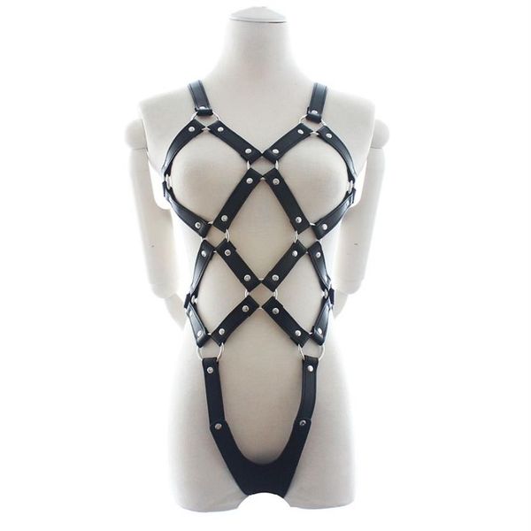 Mujeres ajustables Arnés de cuerpo completo Cuero Entrepierna abierta Sexy Catsuit Sexo Fetiche Bondage Restricciones Teddy Lencería Disfraces eróticos1826