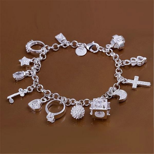 Charme ajusté bijoux plaqués argent 925 avec 13 breloques bracelet bracelet cadeau de fête