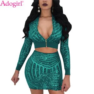 Adogirl Mode Pailletten Vrouwen Twee Stuk Jurken Set Rits Up Sexy V-hals Lange mouwen Crop Top Bandage Mini Club Feestjurk Y0118