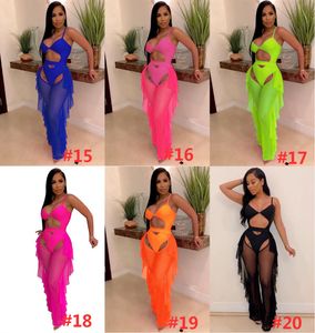 Adogirl Color fluorescente traje de baño estampado de moda conjunto de dos piezas de malla ahueca hacia fuera el traje de baño con tirantes finos