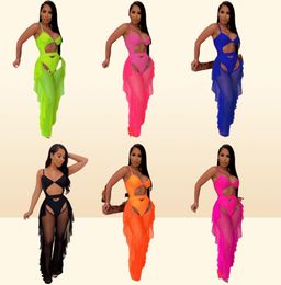 Adogirl Fluorescentie Kleur Mode Bedrukt Badpak Mesh Tweedelige Set Uitgehold Spaghettibandjes Bodysuit Badmode1644752