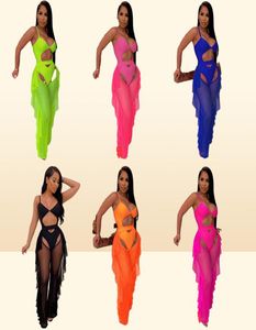 Adogirl Fluorescence Color Fashion Imprimé maillot de bain en deux pièces Set Hollow Out Spaghetti Stracts BodySity Swimswear2824717