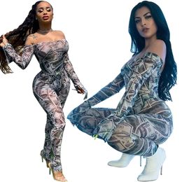 Dames geld dollar print pure mesh jumpsuit vrouwen sexy off schouder lange flare mouw dunne romper nachtclub algehele outfit