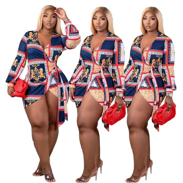 Robes grande taille Adogirl S-4XL mode imprimé femmes à manches longues chemise robe profonde col en V asymétrique blouse décontractée Blusas