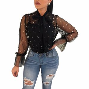 Adogirl pure maille perles femmes sexy culture tops blouses noeud papillon à manches longues chemises de plage été recouvrement de la plage de dames dames blouses