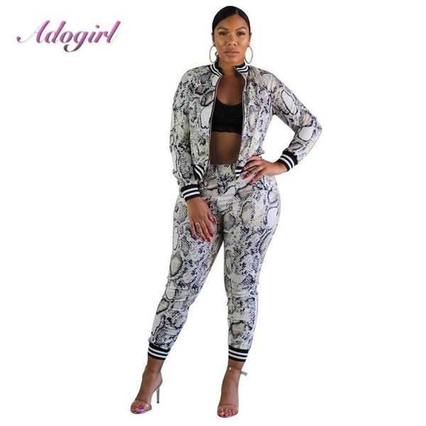 Adogirl imprimé peau de serpent 2 pièces ensemble costume décontracté fermeture éclair à manches longues veste Tosp + taille haute cheville pantalon automne Outwear manteau Y0625