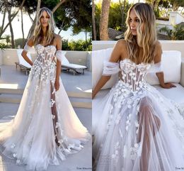 Adorables fleurs 3D une ligne robes de mariée en tulle hors de la shulder sexy voir à travers les robes de mariée boho jardin maternité arabe aso ebi robes de mariée cl2269