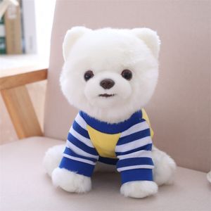 Adorable perro peluche juguete puro blanco azul raya camiseta vestido pomeranian perrito relleno animal mascotas 25 cm pequeños niños regalo 210728