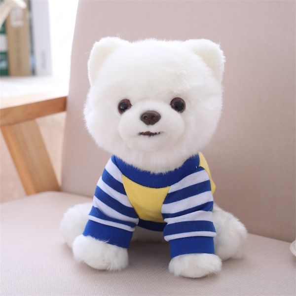 Adorable chien en peluche jouet pur blanc bleu rayé t-shirt habillé poméranien chien peluche animaux animaux 25 cm petits enfants cadeau 210728