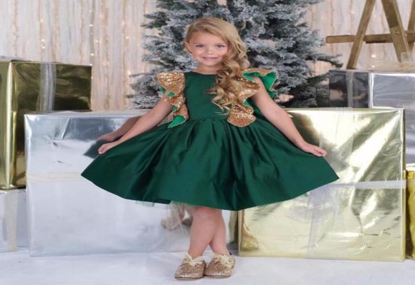 Adorable émeraude vert aline fille genoue fleur fille robe fille filles anniversaire robes de Noël gold paillettes fête formelle 2060781