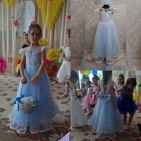 Adorable fleur filles robes à plusieurs niveaux bleu clair fête enfant en bas âge Pageant bébé robes d'anniversaire enfants première Communion robe