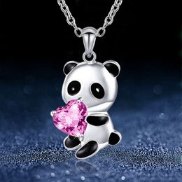 Schattig roze hartvormige kubieke zirkonia panda ketting voor kinderen - Chinese stijl hanglank ketting