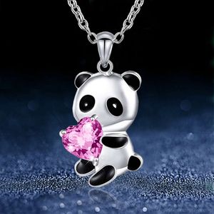 Schattig roze hartvormige kubieke zirkonia panda ketting voor kinderen - Chinese stijl hanglank ketting