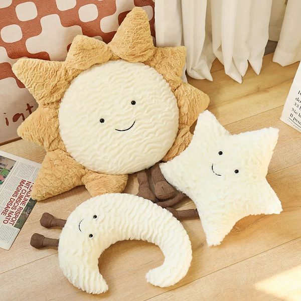 Adorable cara sonriente, luna, estrella, sol, peluche, almohada rellena, lindo sofá de dibujos animados, cojín, clima, juguete de peluche para decoración de dormitorio de niños 240117