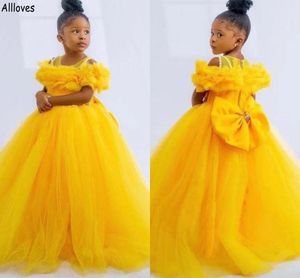 Schattige gele prinses Flower Girl's jurken voor trouwfeest met boog Ruches korte mouw kleine meisje's optocht jurken kinderen baby eerste communie jurk CL1909