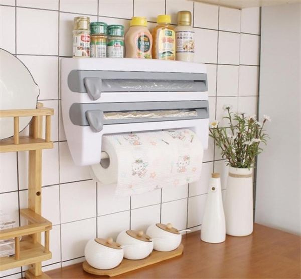 Adorehouse Wallmount Paper Tenders Sauce Sauce Bottle Storage Rackage 4 in 1 Film Film Cutter Mutifonction Organisateur de cuisine C10031195675