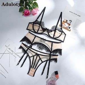 Aduloty Verkoop van netto gaas wimpers mode sexy lingerie ondergoed transparant perspectiefh kousenband string verzamelde bra 3pcs 220513