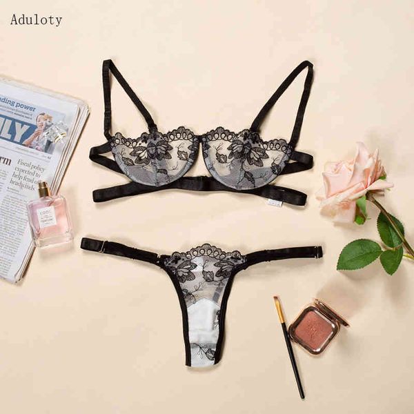 Aduloty Soutien-gorge sexy broderie dentelle sous-vêtements ensemble vêtements de nuit pour femmes Net gaze lingerie transparente taille basse g-string soutien-gorge costume X0526