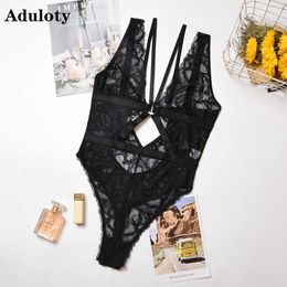Aduloty Dames Kant Teddy Bodysuit Openwork Mesh See-Trap Bra Ondergoed Thong Sexy Pyjama Lingerie Set 210623